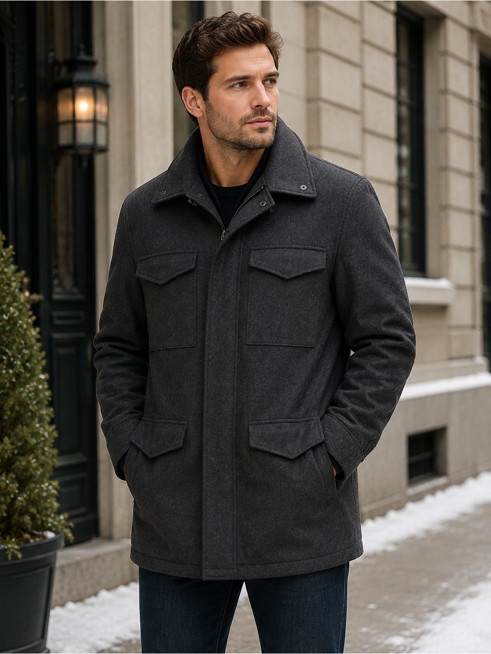 Banana Republic 77% Wool Coat Size L Charcoal FieldUtility Jacket Zip Away Hood